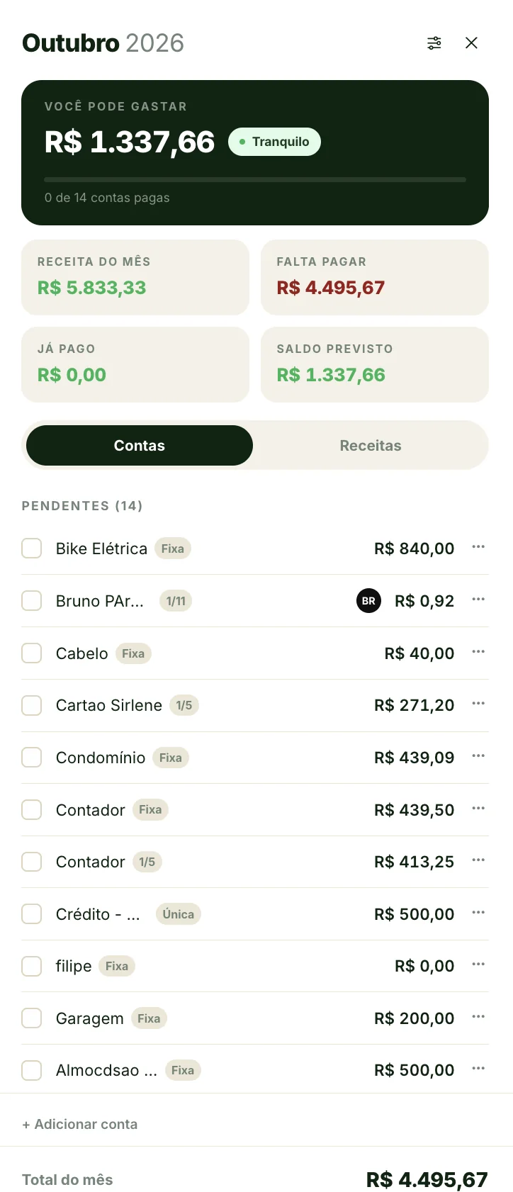 Contas pendentes de outubro organizadas no Zucca
